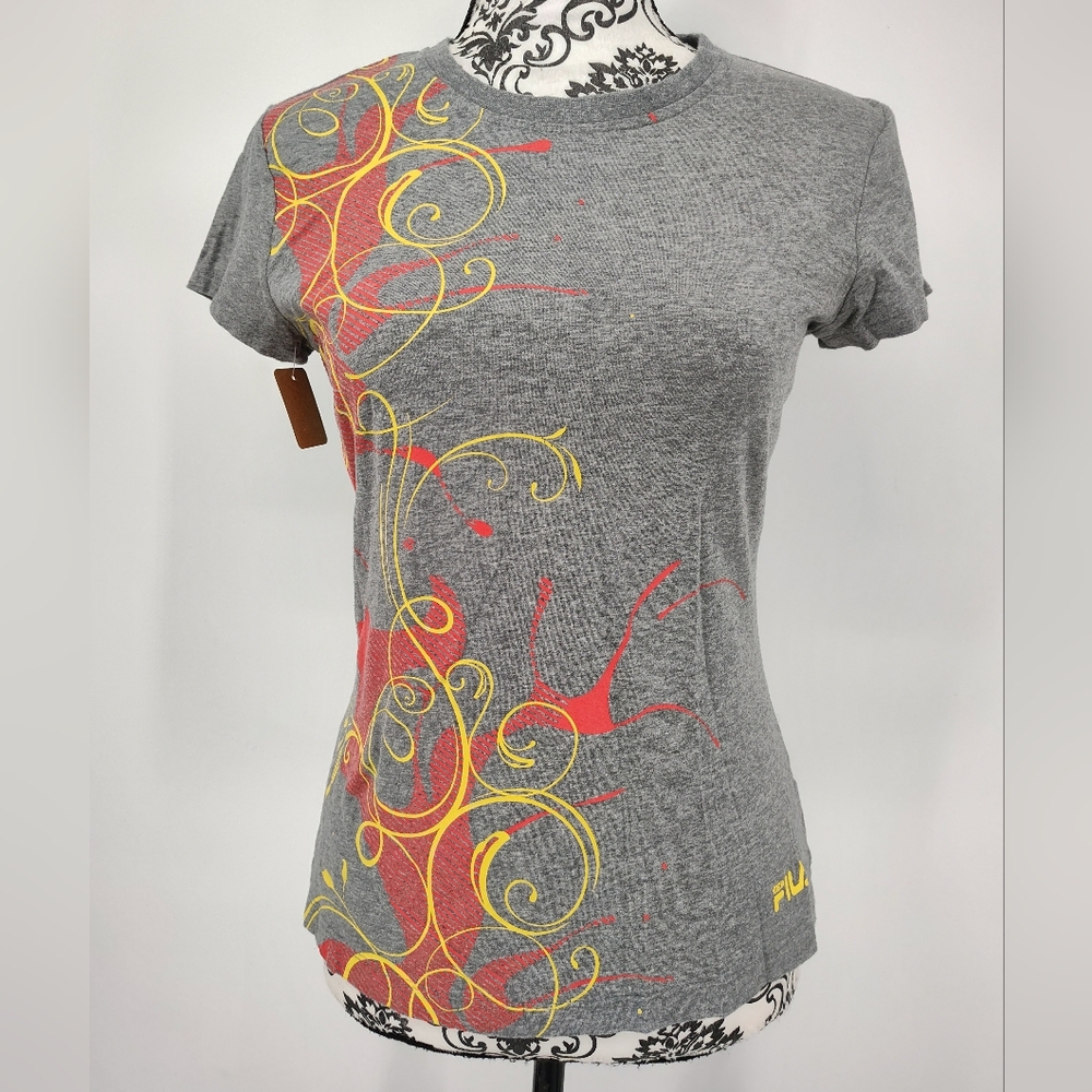 FILA Women's Gray T Shirt with Orange and Yellow Design Size Small